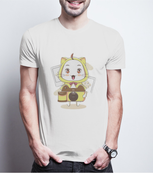 White Cat With Classic Camera Drawing T-Shirt