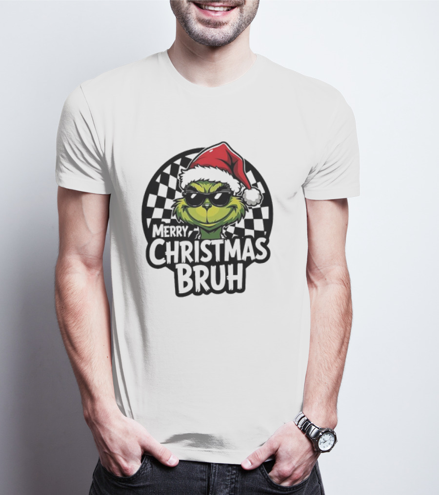 Merry Christmas Bruh Grinch With Santa Hat And Checkered Flags T-Shirt