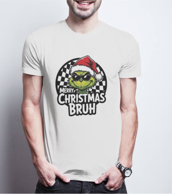 Merry Christmas Bruh Grinch With Santa Hat And Checkered Flags T-Shirt