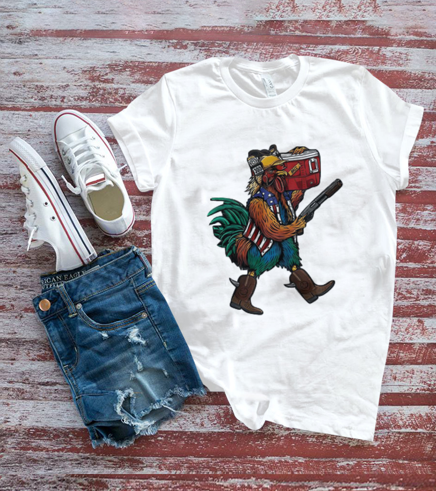 Merica Tacticock Chicken Patriotic Rooster With Beer Cooler And Shotgun T-Shirt