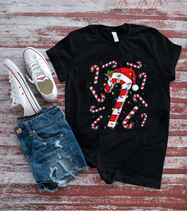 Santa Hat Red And White Candy Cane With Colorful Christmas Lights T-Shirt