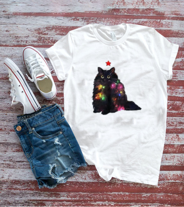 Black Cat Wrapped In Colorful Christmas Lights With Red Star T-Shirt