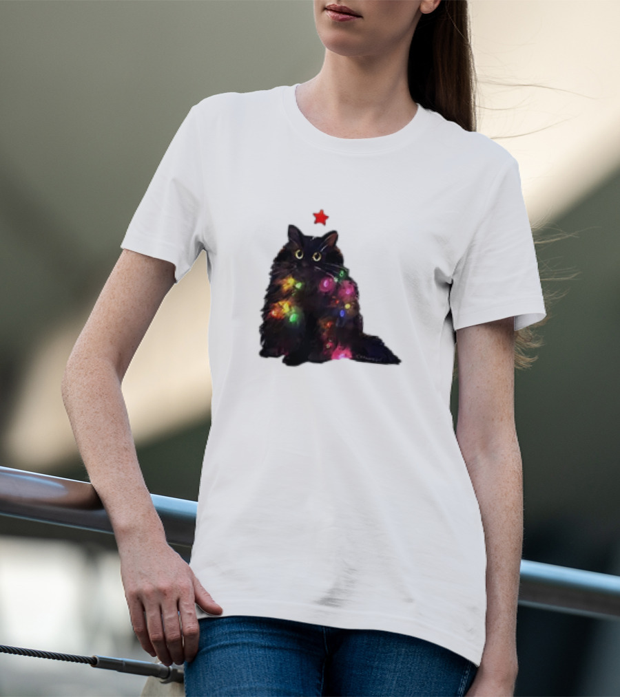 Black Cat Wrapped In Colorful Christmas Lights With Red Star T-Shirt
