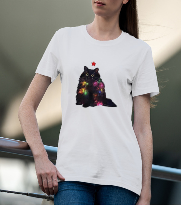 Black Cat Wrapped In Colorful Christmas Lights With Red Star T-Shirt