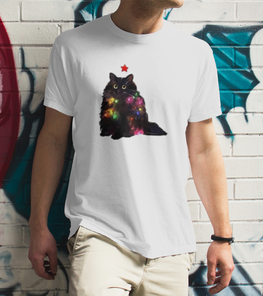 Black Cat Wrapped In Colorful Christmas Lights With Red Star T-Shirt
