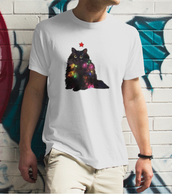Black Cat Wrapped In Colorful Christmas Lights With Red Star T-Shirt