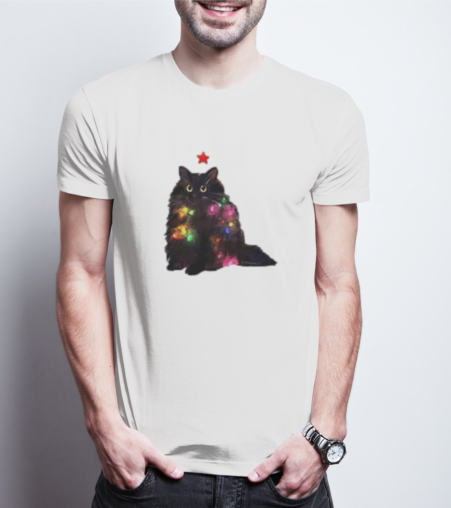 Black Cat Wrapped In Colorful Christmas Lights With Red Star T-Shirt