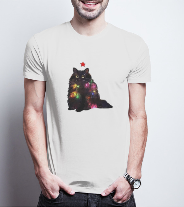 Black Cat Wrapped In Colorful Christmas Lights With Red Star T-Shirt