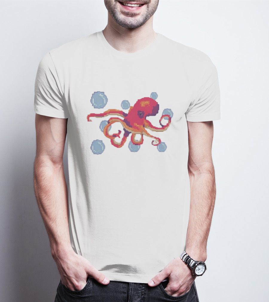 Octopus Swimming Through Blue Bubbles Pixel T-Shirt