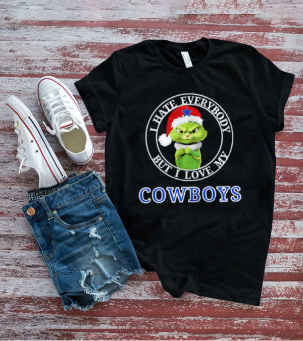 I Hate Everybody But I Love My Cowboys Grinchy Cat Christmas Santa Hat T-Shirt