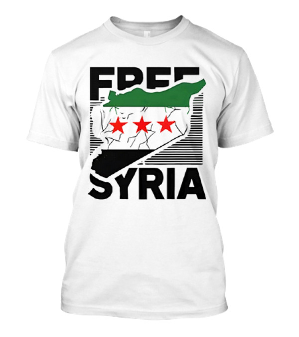 Free Syria Map With Flag Stripes And Red Stars T-Shirt