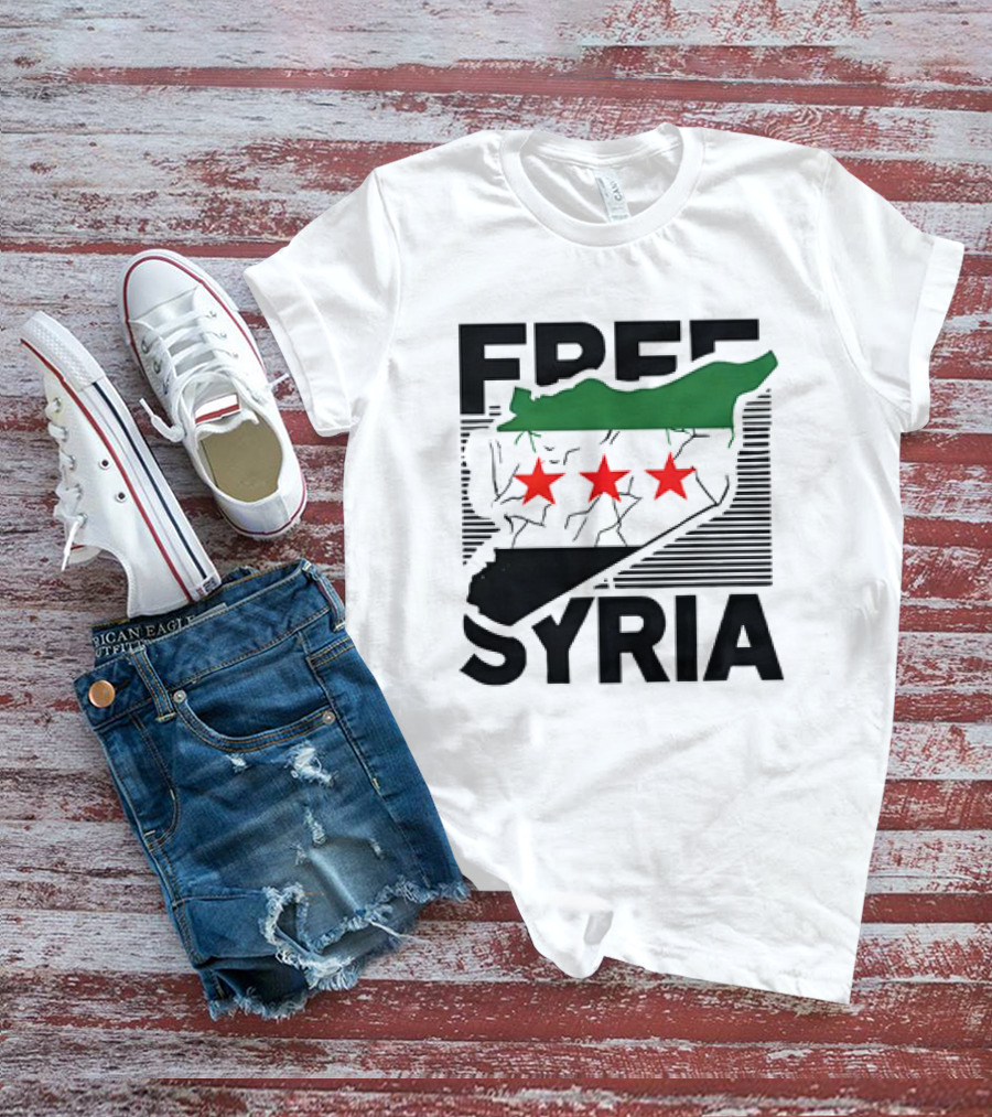 Free Syria Map With Flag Stripes And Red Stars T-Shirt
