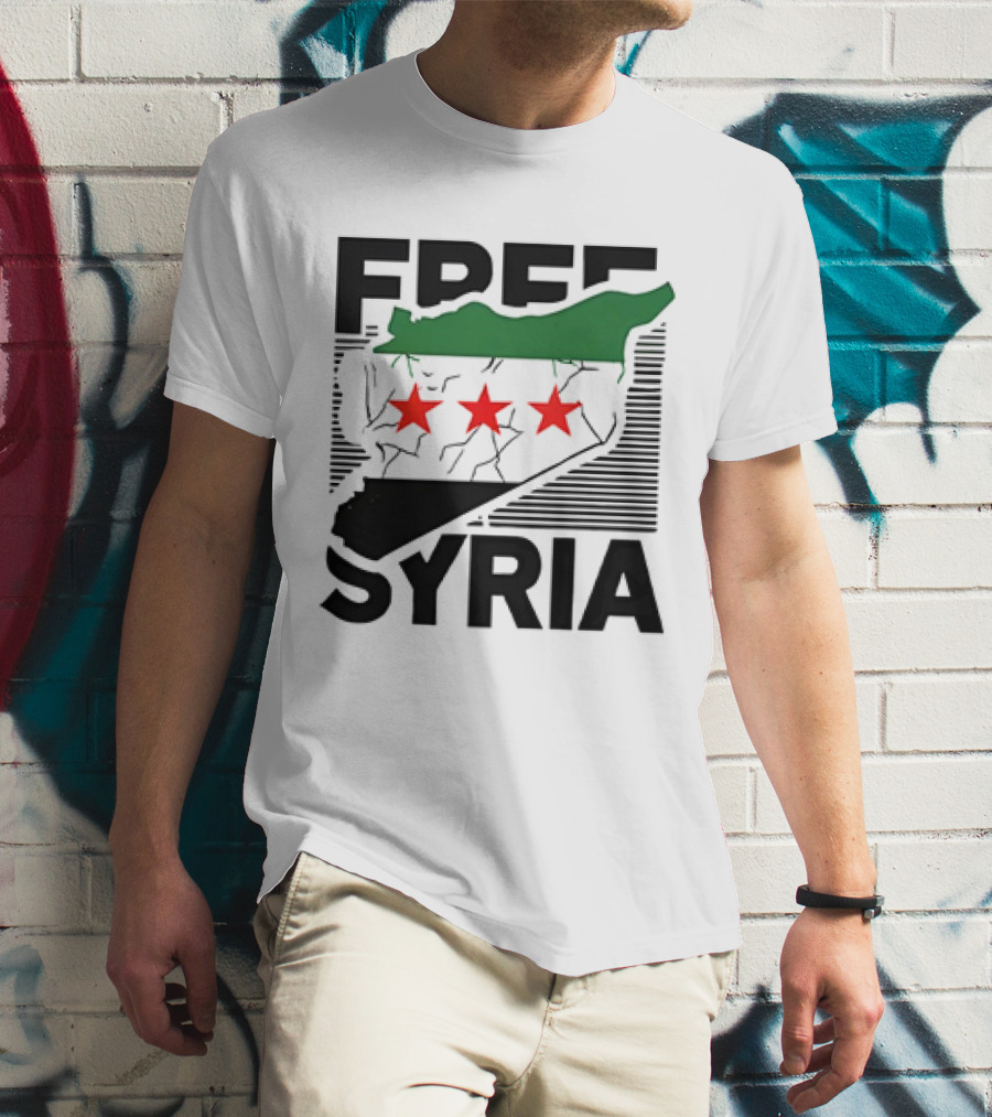 Free Syria Map With Flag Stripes And Red Stars T-Shirt