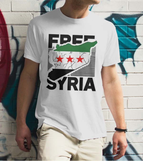 Free Syria Map With Flag Stripes And Red Stars T-Shirt