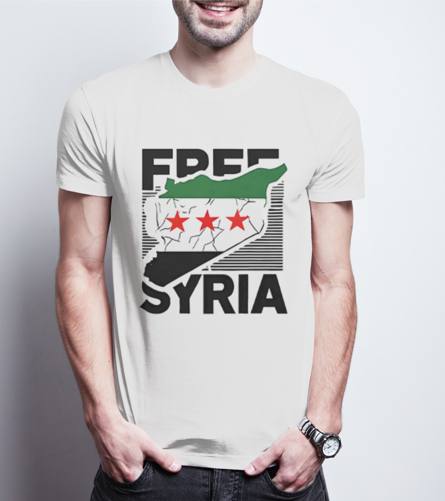 Free Syria Map With Flag Stripes And Red Stars T-Shirt
