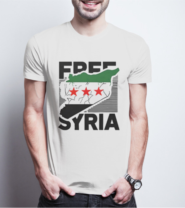 Free Syria Map With Flag Stripes And Red Stars T-Shirt