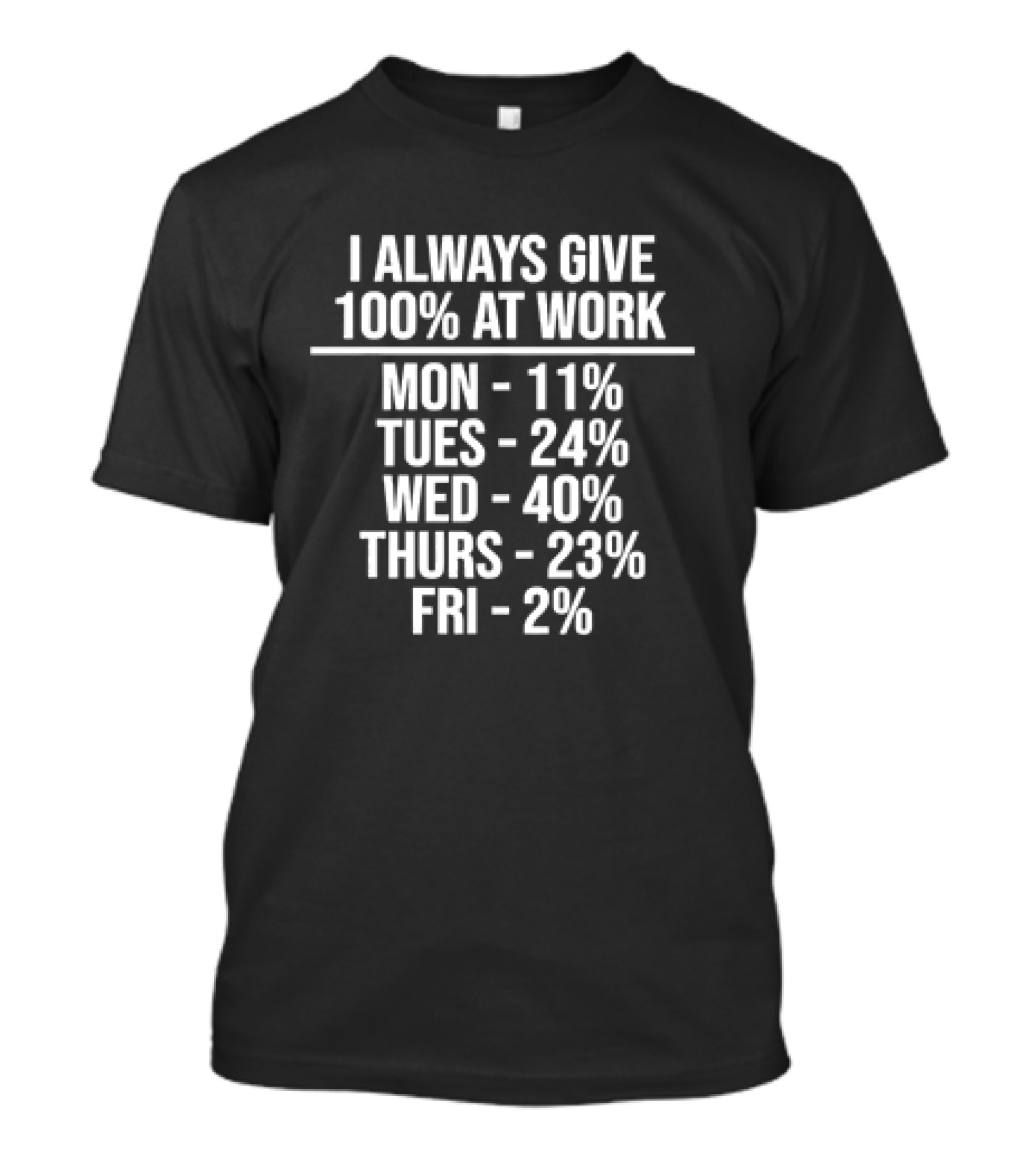 I Always Give 100 Percent At Work Monday 11 Percent Tuesday 24 Percent Wednesday 40 Percent Thursday 23 Percent Friday 2 Percent T-Shirt