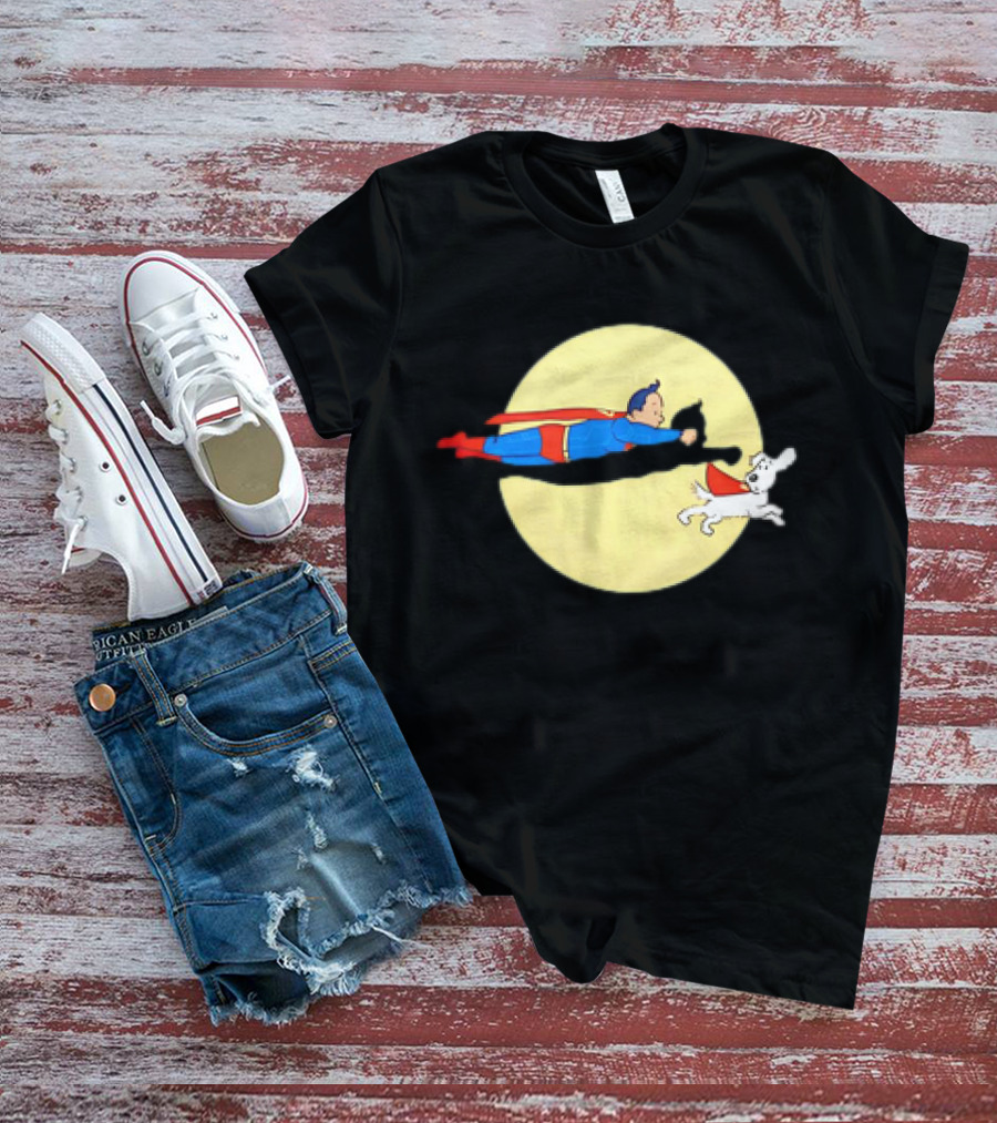 Superman And Krypto X The Adventures Of Tintin Super Tintin Flying Duo Moon Background T-Shirt