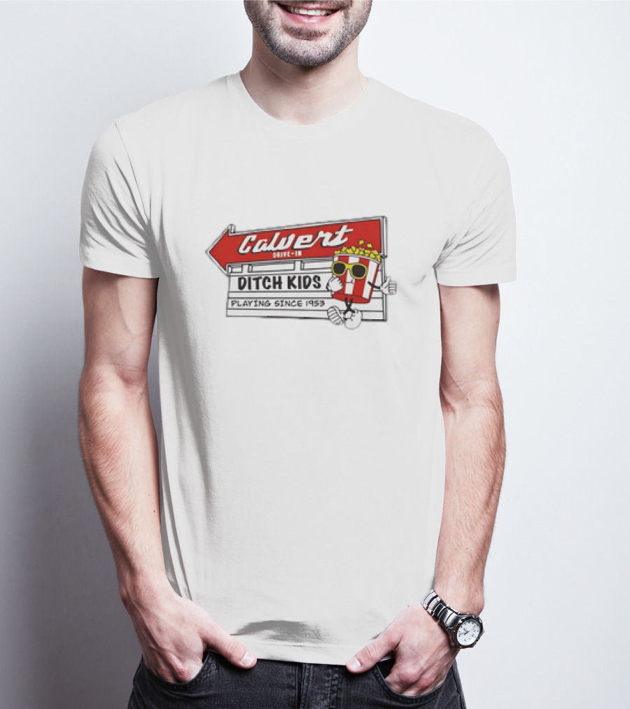 Calvert Drive-In Ditch Kids Playing Since 1953 Popcorn Character T-Shirt