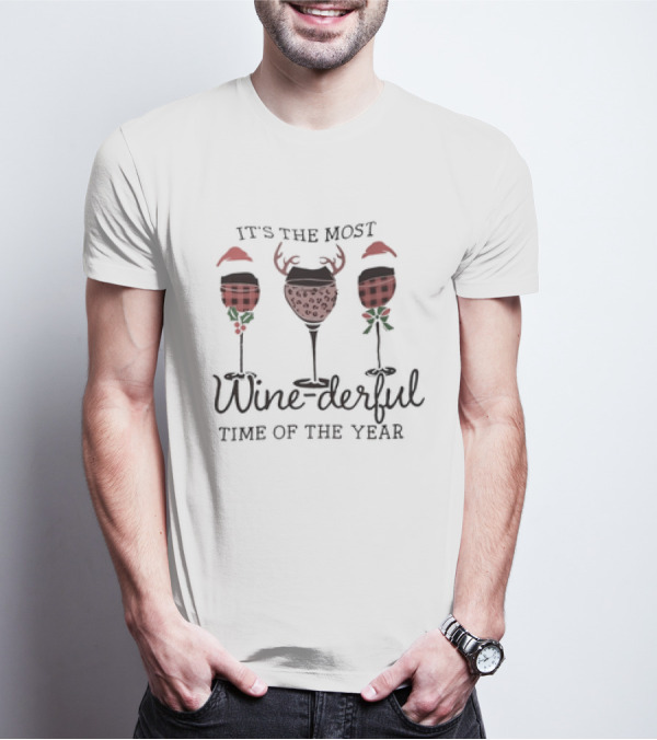 It's The Most Wine-derful Time Of The Year Christmas Wine Glasses With Santa Hats And Antlers T-Shirt