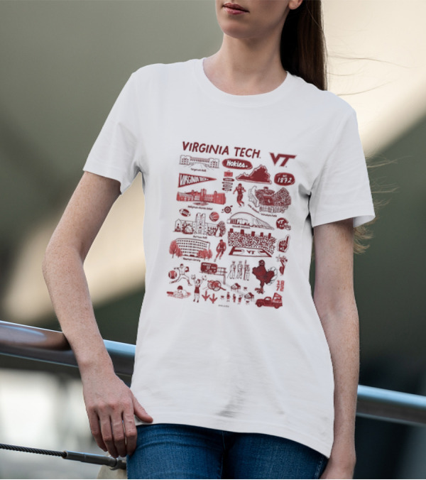 Virginia Tech Hokies VT 1872 Campus Map Lane Stadium Blacksburg Basketball Football HokieBird Burruss Hall Memorial Chapel Torgersen Bridge Monorail Library T-Shirt