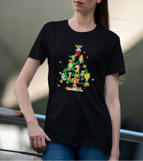 One Piece Chibi Characters Decorate Christmas Tree With Straw Hat Skull Topper T-Shirt