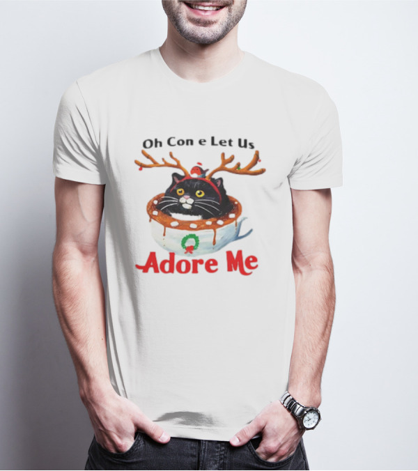 Oh Come Let Us Adore Me Cat In Reindeer Antlers T-Shirt