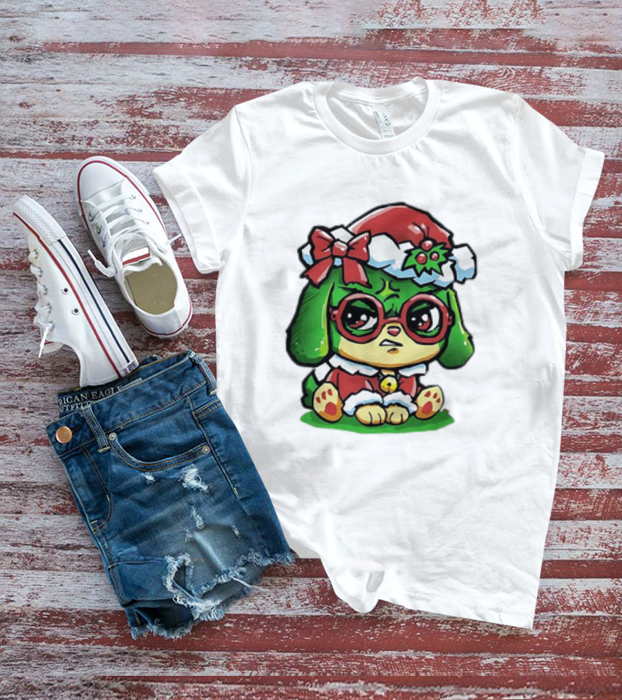 Grumpy Dog In Santa Hat With Holly And Bow For Christmas Holiday T-Shirt