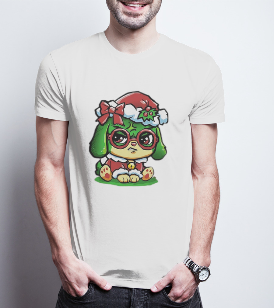 Grumpy Dog In Santa Hat With Holly And Bow For Christmas Holiday T-Shirt