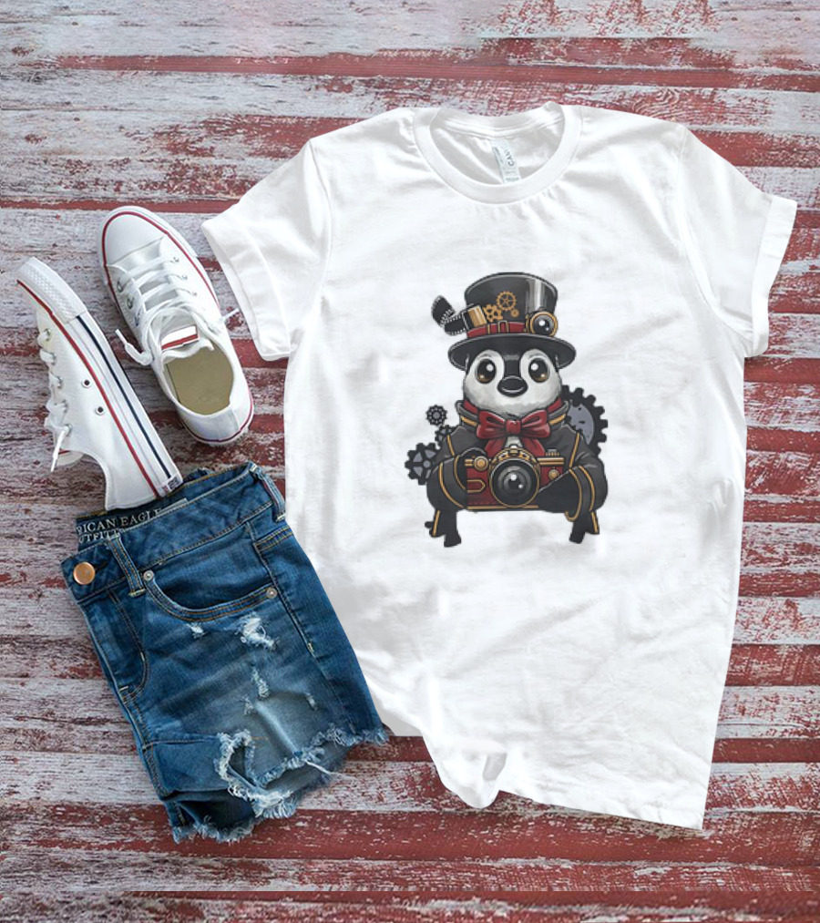 Steampunk Penguin Photographer With Gears And Vintage Camera T-Shirt