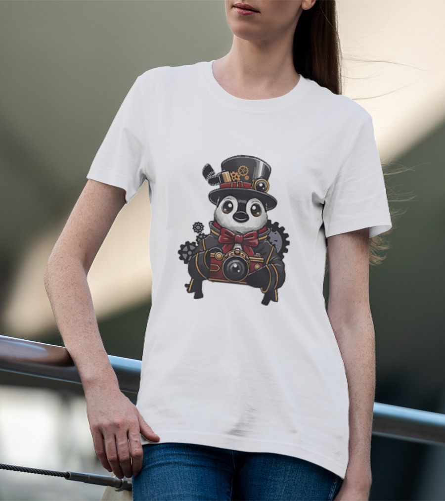Steampunk Penguin Photographer With Gears And Vintage Camera T-Shirt