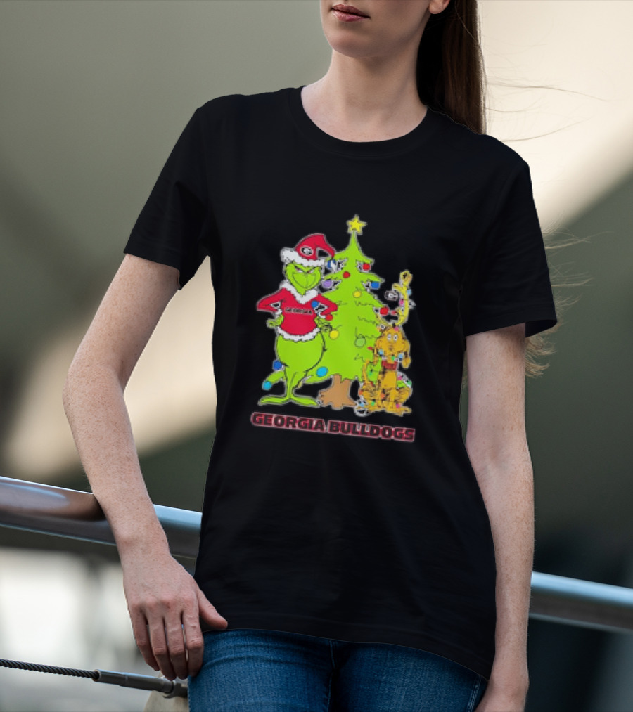 Georgia Bulldogs Grinch Christmas Tree Football T-Shirt