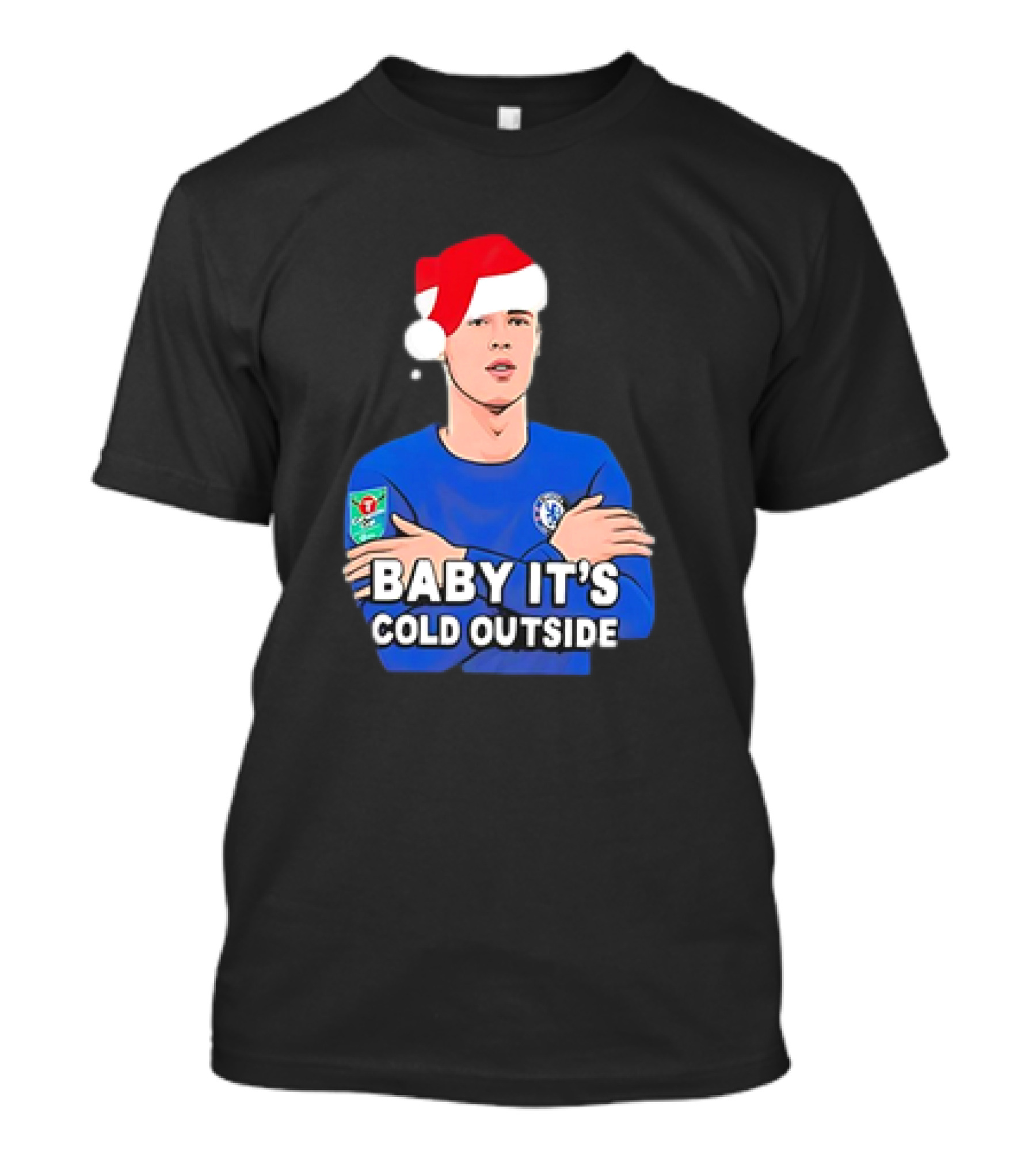 Baby It's Cold Outside Santa Hat Footballer In Blue T-Shirt