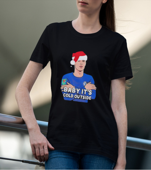 Baby It's Cold Outside Santa Hat Footballer In Blue T-Shirt