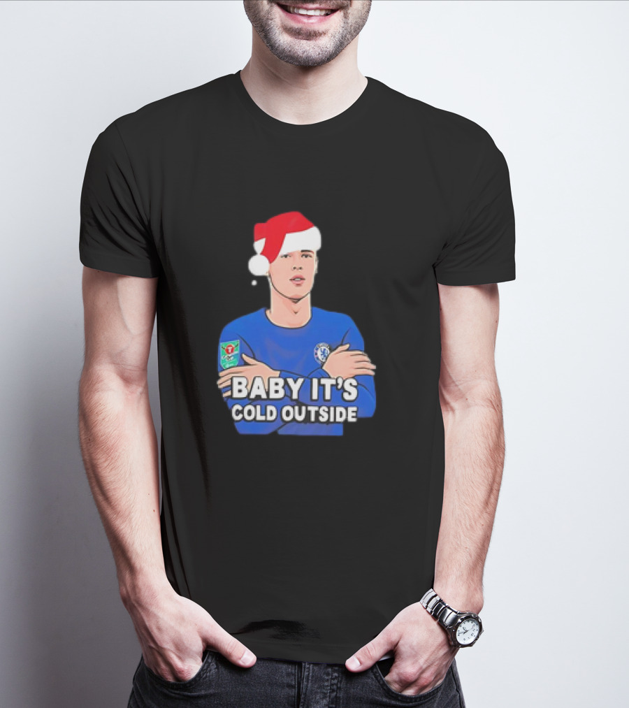 Baby It's Cold Outside Santa Hat Footballer In Blue T-Shirt