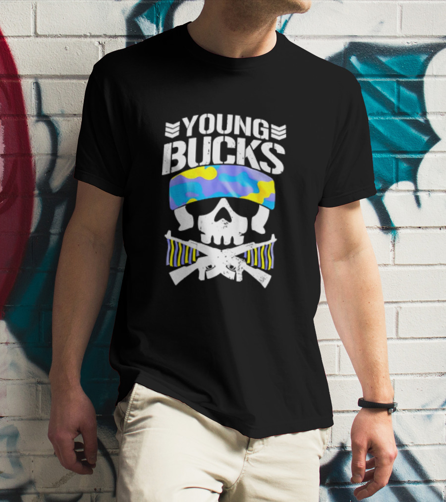 Young Bucks Skull With Camo Headband And Crossed Rifles T-Shirt