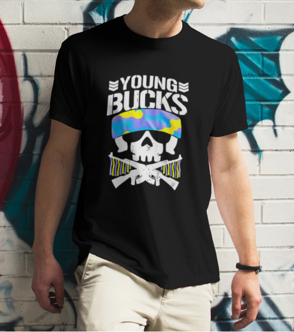 Young Bucks Skull With Camo Headband And Crossed Rifles T-Shirt