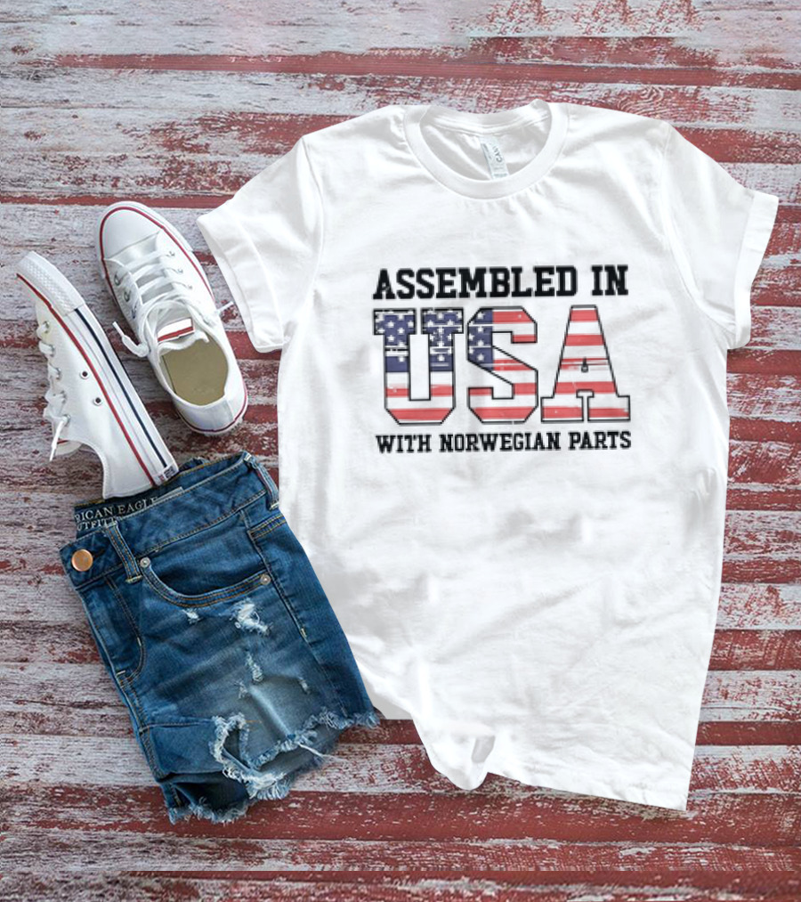 Assembled In USA Patriotic American Flag Design With Norwegian Parts T-Shirt