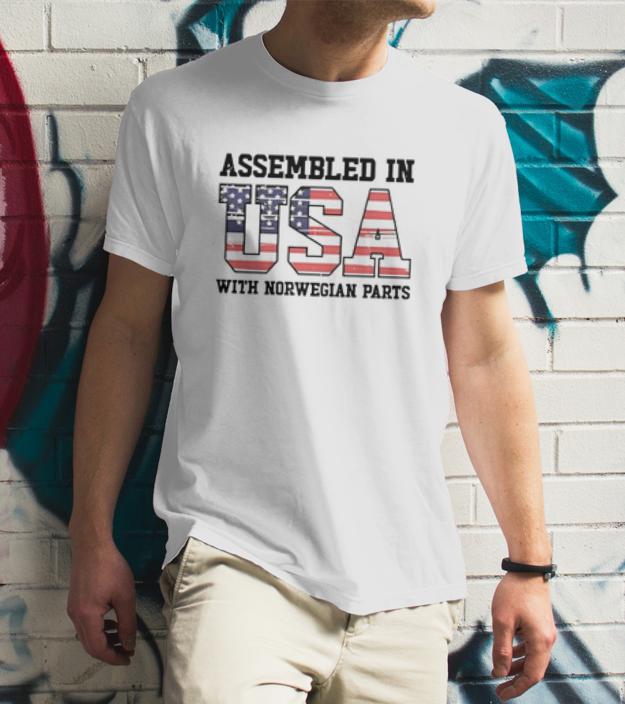 Assembled In USA Patriotic American Flag Design With Norwegian Parts T-Shirt
