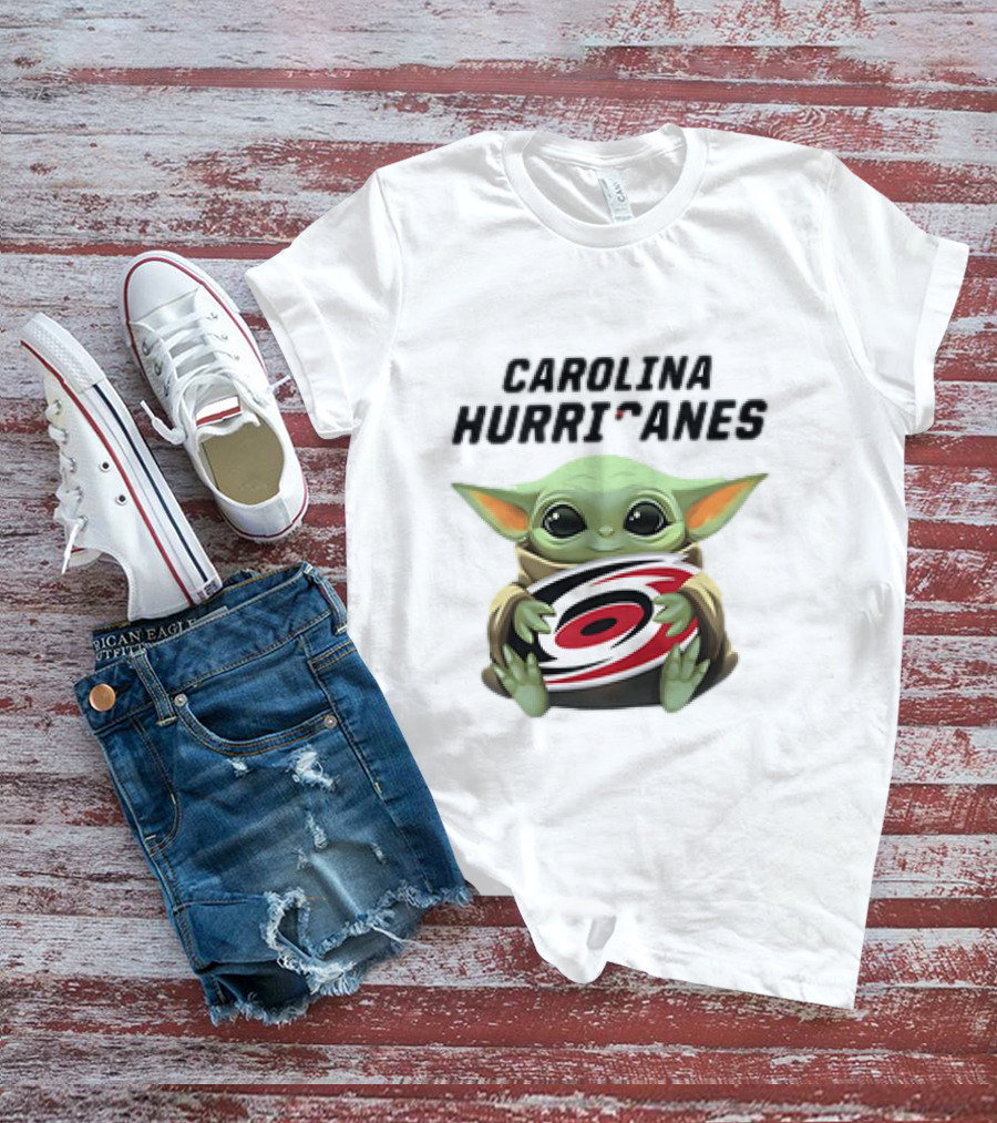 Baby Yoda Hugging Carolina Hurricanes Star Wars Crossover T-Shirt