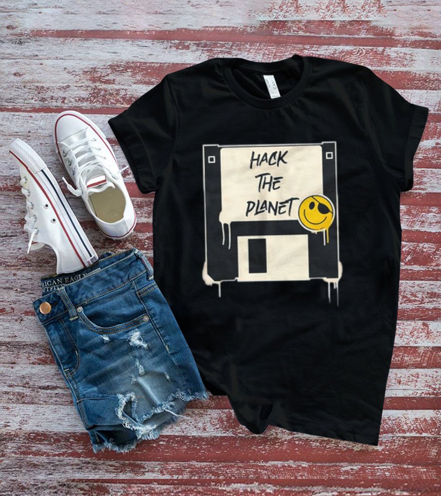 Hack The Planet Floppy Disk Smiley Face T-Shirt