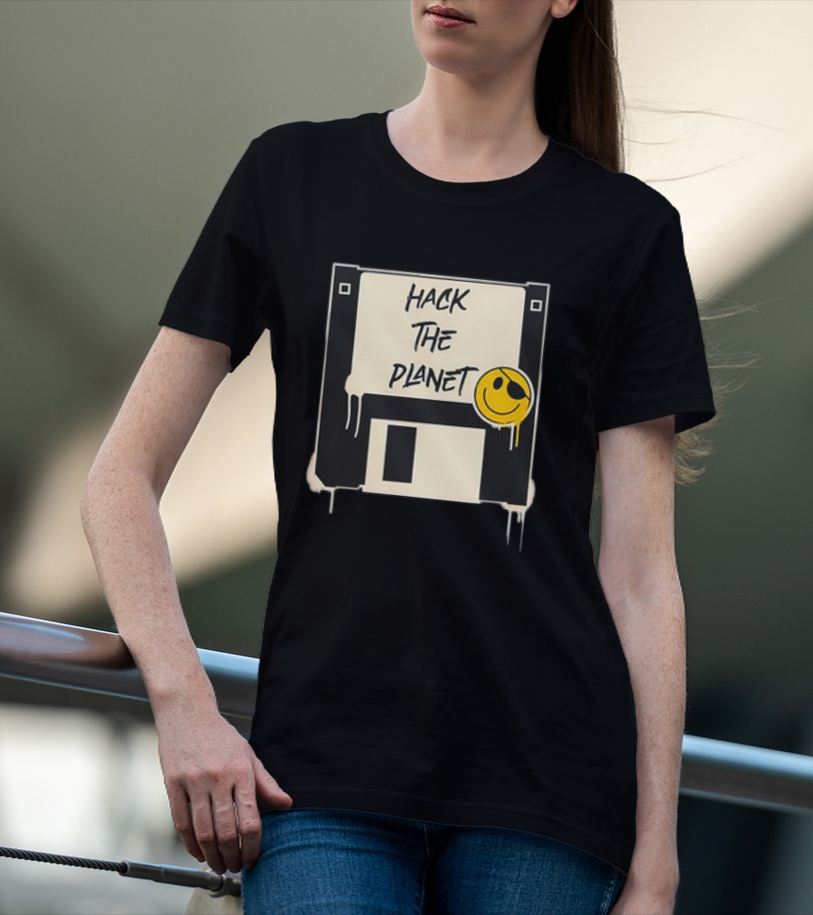 Hack The Planet Floppy Disk Smiley Face T-Shirt