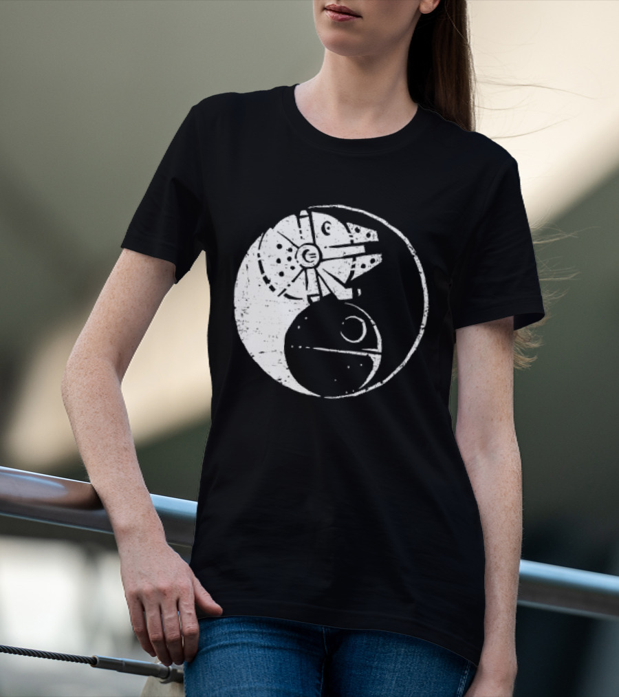 Millennium Falcon And Death Star Yin Yang Balancing The Force T-Shirt