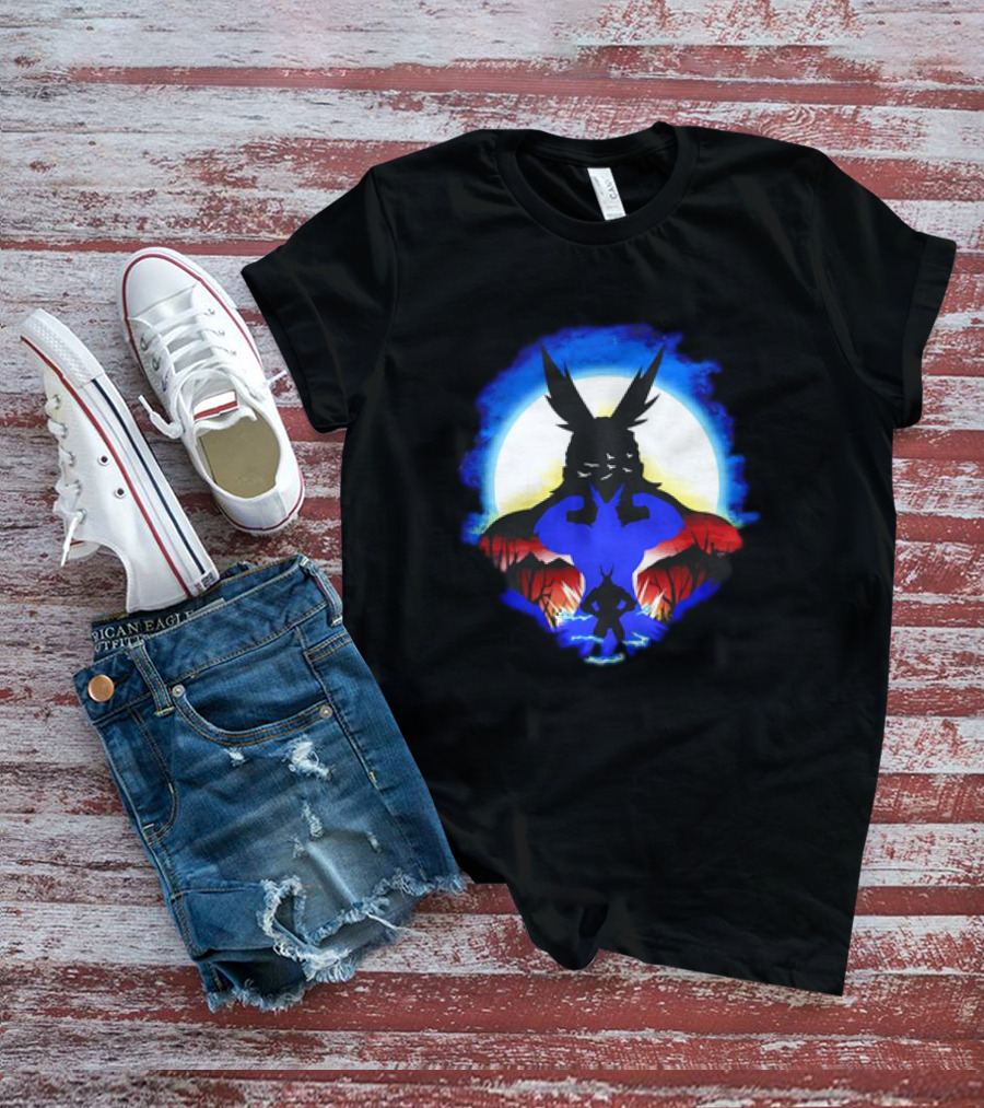 Midoriya And All Might Heroic Silhouettes In Vibrant Night Landscape T-Shirt