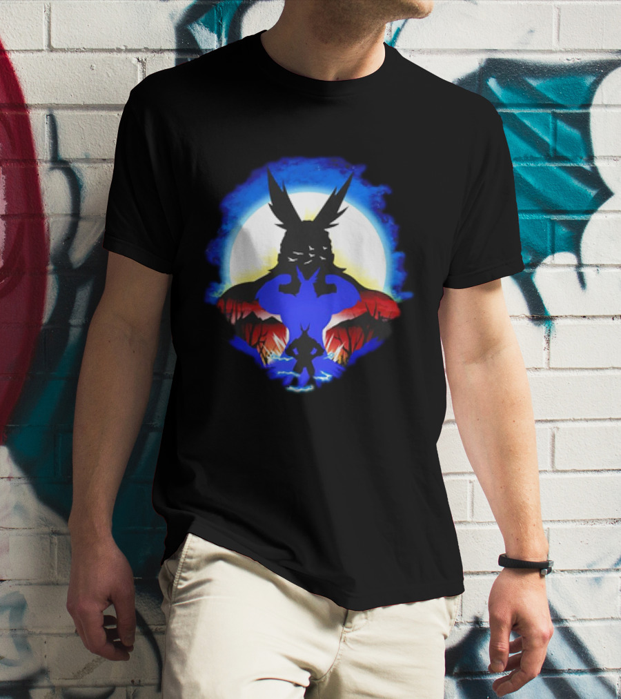 Midoriya And All Might Heroic Silhouettes In Vibrant Night Landscape T-Shirt