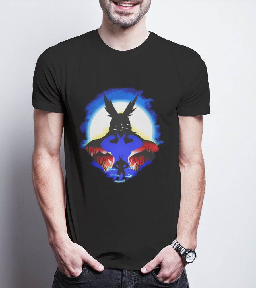 Midoriya And All Might Heroic Silhouettes In Vibrant Night Landscape T-Shirt