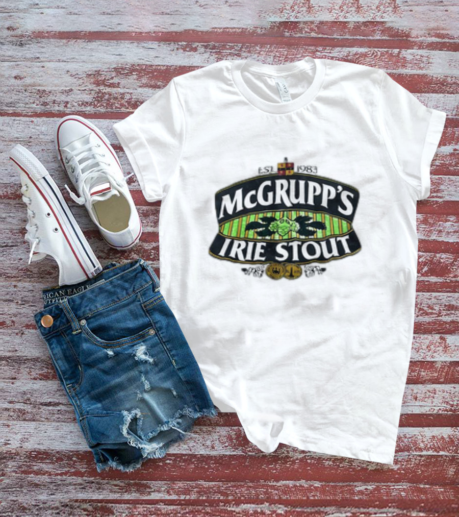 McGrupp's Irie Stout Est 1983 Logo With Green Striped Background And Emblem T-Shirt