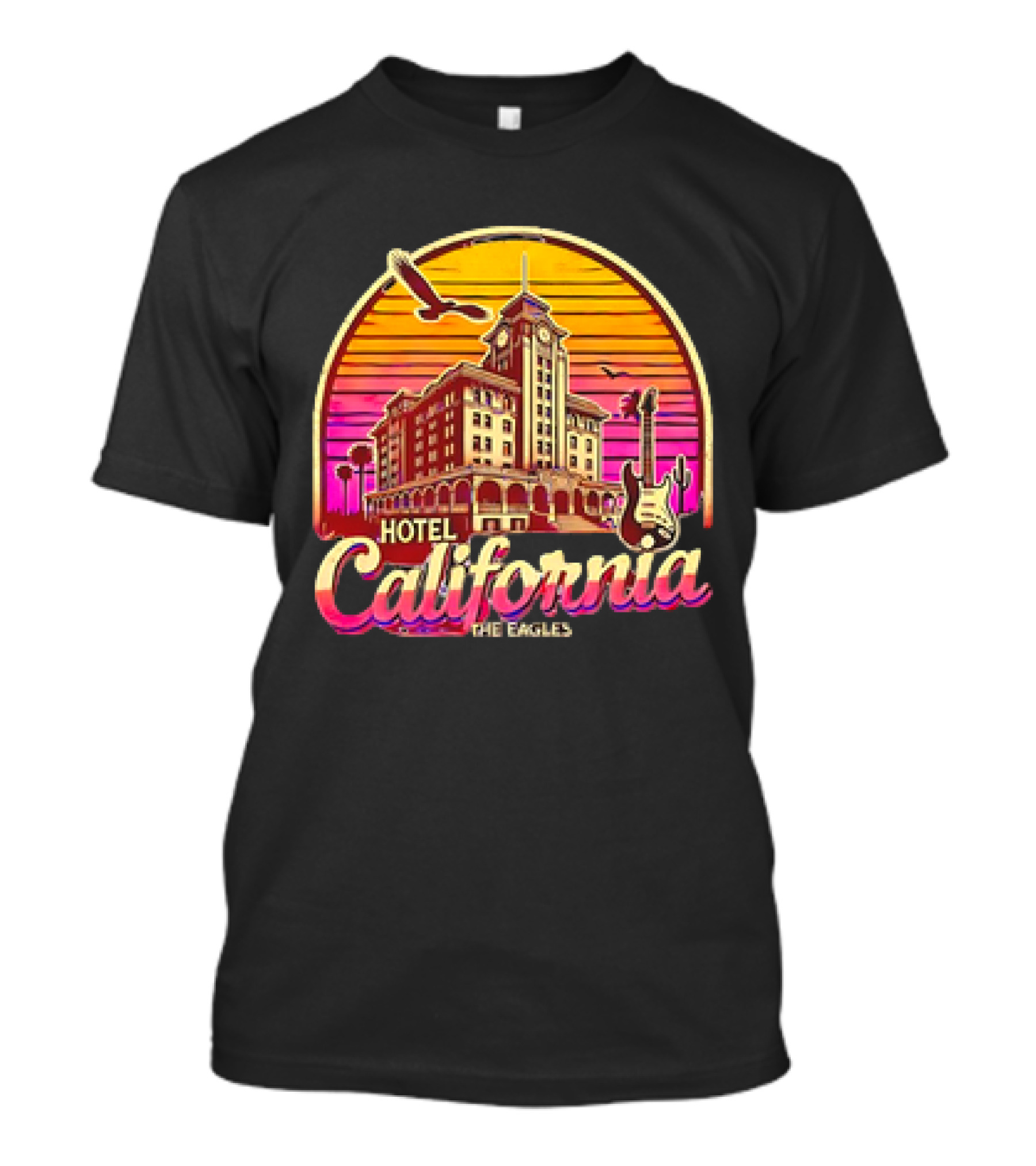 Hotel California The Eagles Sunset Art Deco Guitar And Seagulls T-Shirt