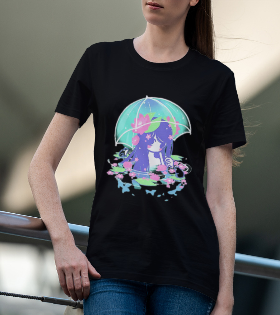 Miski Soaked Floating Girl With Umbrella And Flowers T-Shirt