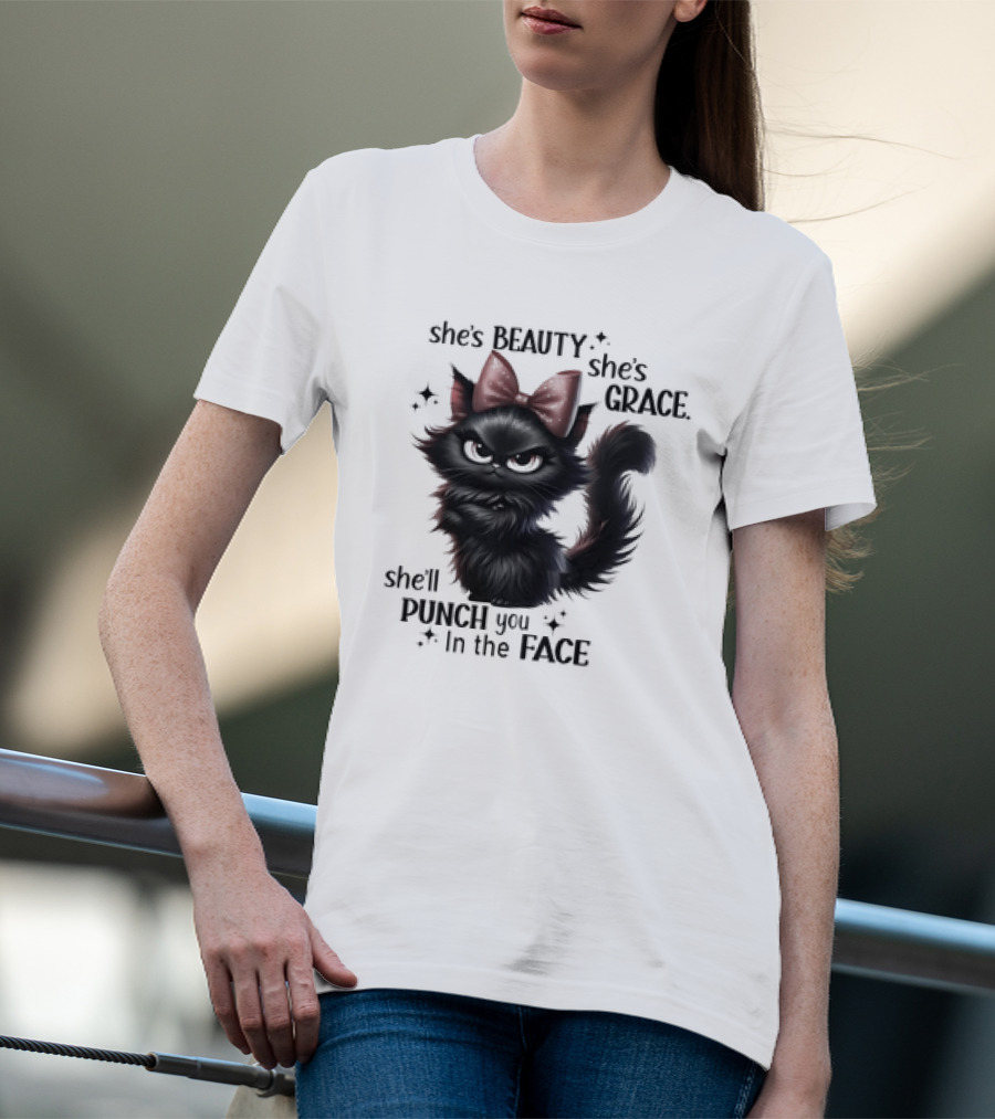 She's Beauty She's Grace She'll Punch You In The Face Black Cat With Bow And Sparkles T-Shirt